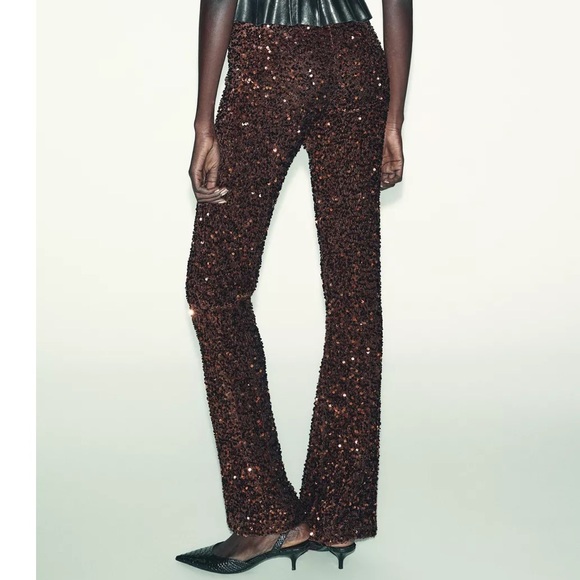 Zara Flare Velvet Sequin Pants / Leggings - Dark Brown - Picture 5 of 7